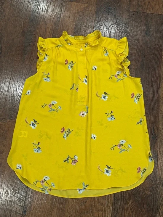 LOFT Bright Yellow Floral Ruffle Sleeve Top - Picture 3 of 8